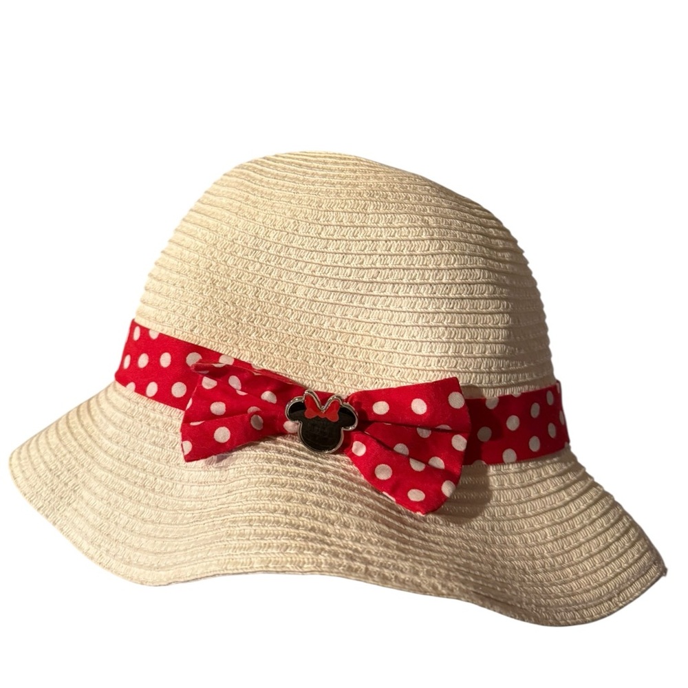 Disney Girls Youth Cream Straw Sun Hat with Red Polka Dot Bow 55CM